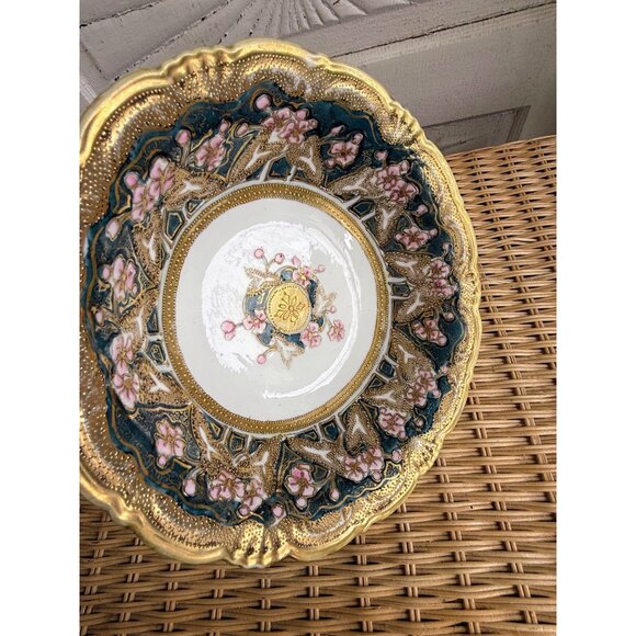 Vintage 40's Nippon Porcelain Bowl Gold Beading Pink Flowers 10" - Picture 13 of 16